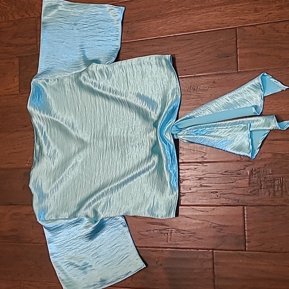 Adrienne women's boutique shiny blue metallic top with tie-front size Small - Picture 5 of 9